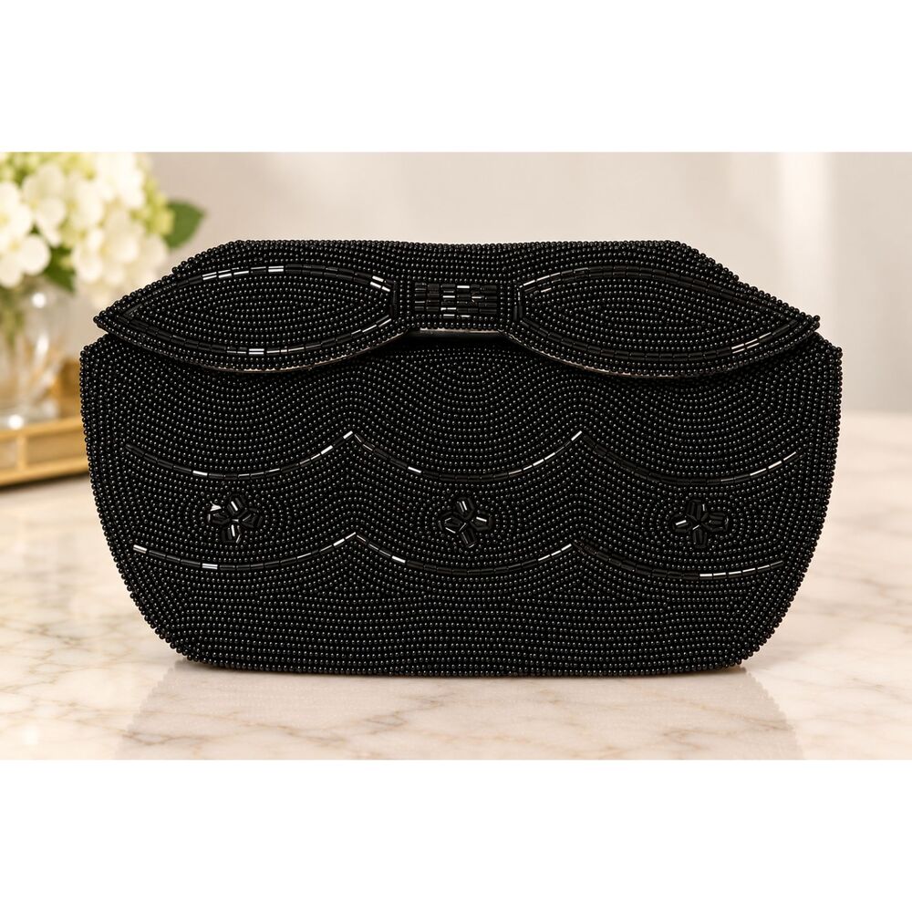 Black Beaded Evening Clutch Bag Bow Flap Scalloped Micro Seed Bead Purse Vintage